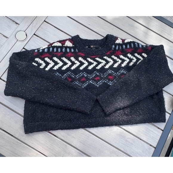 Frye Sweaters - Frye Womens Black Boucle Fair Isle Southwestern Cropped Sweater Large L